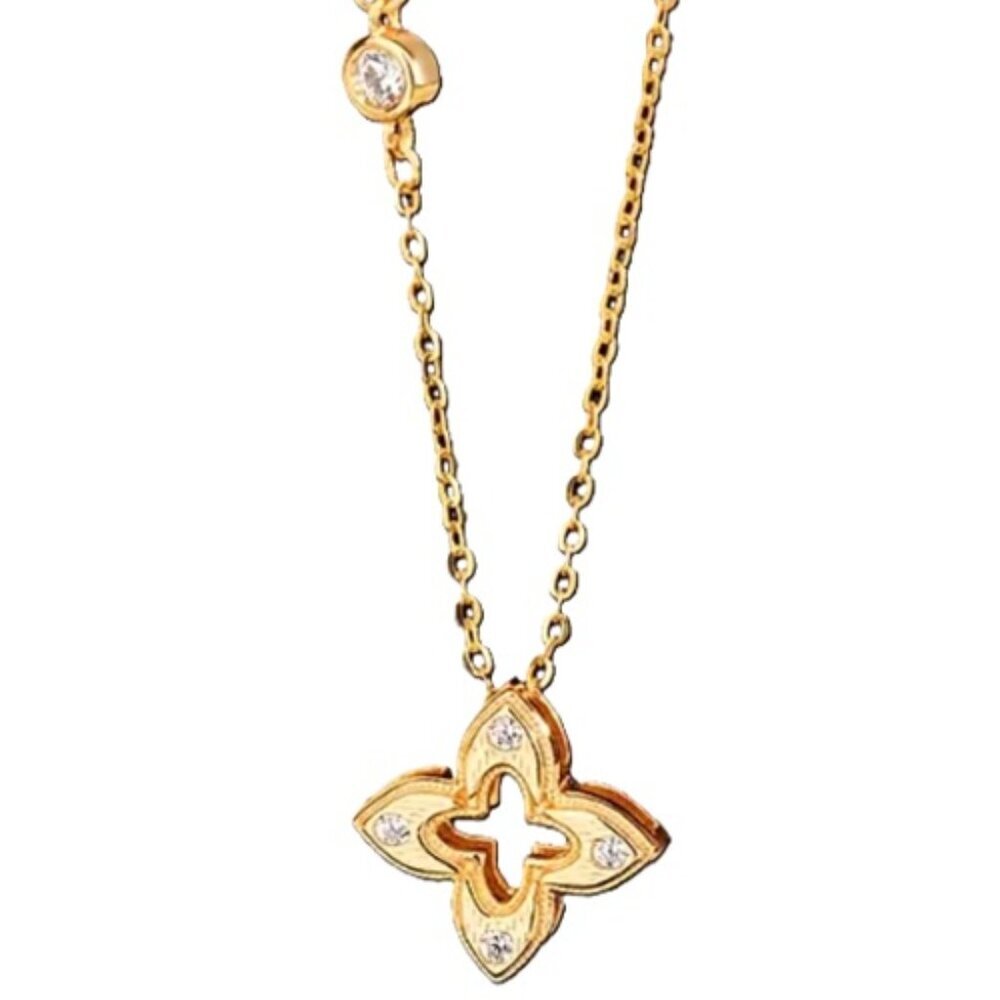Elegant 18k Gold Plated Titanium Four-Leaf Clover - Cubic Zircornia Necklace